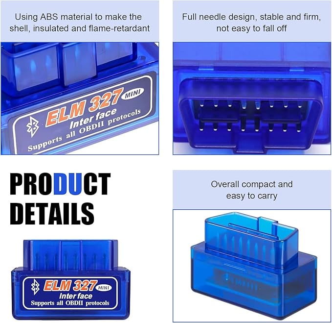 Car OBDII Diagnostic Tool, ELM327 Engine Data Scanner for Real-time Monitoring, Portable Fault Reading and Elimination Tool, Universal Bluetooth Connection for IOS Android Windows (Blue)