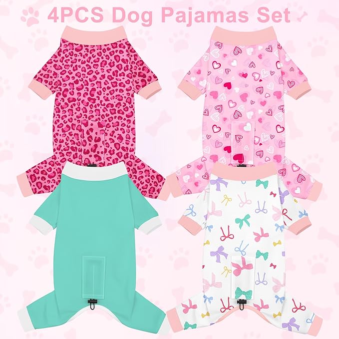 Bienbee Dog Pajamas, 4 Pack Dog Recovery Suit Shedding Suit Cute Soft Puppy Clothes Dogs Pjs Onesies Jammies Adjustable Breathable & Stretchy Clothes for Small Medium Large Dogs Girl Boy Puppy-XL