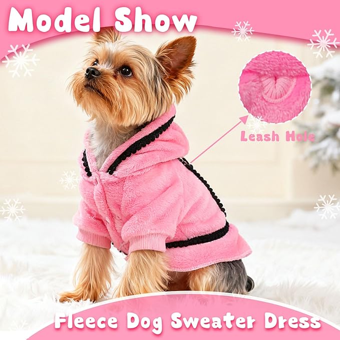 Winter Dog Sweater Dress Fleece Warm Puppy Sweater with Leash Hole Dog Sweaters for Small Dogs Girl Cute Pink Pet Clothes Bowtie Chihuahua Sweaters (Large)
