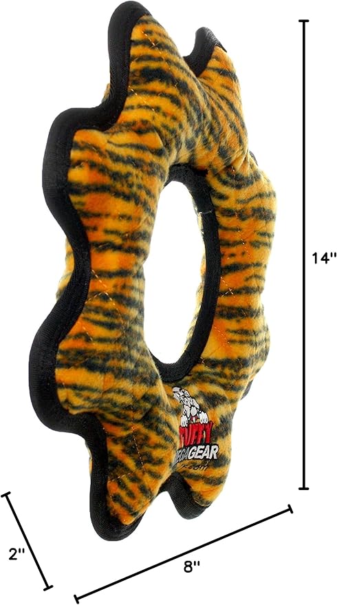 TUFFY - World's Tuffest Soft Dog Toy - MEGA -Multiple Layers. Made Durable, Strong & Tough. Interactive Play (Tug, Toss & Fetch). Machine Washable & Floats (Gear Ring Tiger, Large 2 Pack)