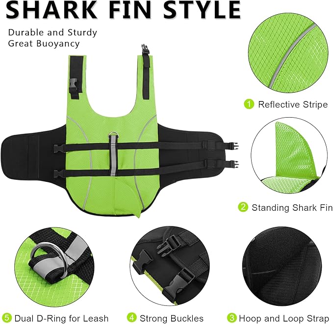 Queenmore Small Dog Life Jacket XXS, Puppy Life Jackets for Small Dogs, Little Dog Life Vest for Swimming/Boating, Cat Life Jacket/Life Vest, Lightweight Shark Pet Water Vest with Handle/Leash Hook