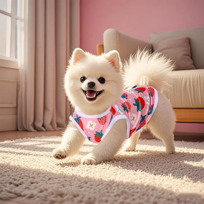 Pink Dog Shirts Cute Summer Dog Clothes Soft Pet T-Shirt Printed Puppy Shirt for Small Medium Dogs Cats Girl(Strawberry2,S)