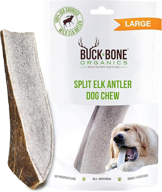 Buck Bone Organics Dog Chews, Elk Antlers for Dogs, Long Lasting Dog Bones for Aggressive Chewers, All Natural, No Preservatives, Wild Shed in the USA (Large)