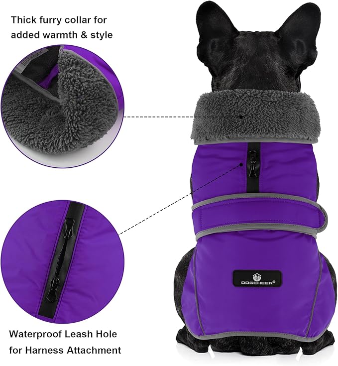 Dogcheer Dog Coat, Waterproof Dog Jacket Reflective Pet Winter Coat with Adjustable Hook & Loop, Christmas Puppy Fleece Jacket Warm Turtleneck Snowsuit for Small Medium Large Dogs - Purple, XL