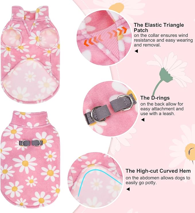 BEAUTYZOO Dog Fleece Vest Sweater Winter Jacket for Small and Medium Dogs with D-Ring Leash Cold Weather Coat Hoodie for XS S M Dogs Boy or Girls,Pink Daisy XL