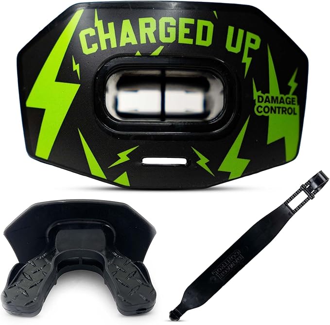 DAMAGE CONTROL Youth Football Mouth Guard – Breathable No Boil Mouthpiece, Protects Lips & Teeth, Works with Braces, Includes Helmet Strap – Sports Gear & Accessories (Charged Up)