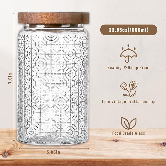 Vintage Glass Jars with Wooden Lids, 34 oz Airtight Glass Food Storage Containers Sets for the Kitchen, Sugar Candy Coffee Cookie Tea Spice Pasta