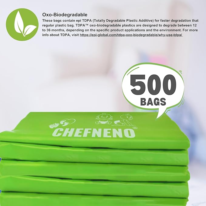 Baby Diaper Bag Disposable Biodegradable Unscented Easy Tie Handles (500 Bags) Made w/EPI Additive Bulk Diaper Sacks Dog Poop Waste Bags Cat Litter Clump & Poop Bags Sanitary Pad Waste Bags (500 ct.)