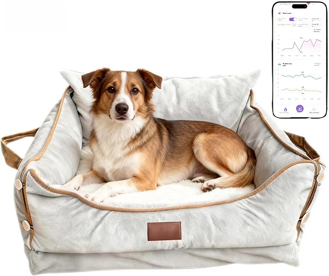 Smart Pet Bed with Health Monitoring System, Gray Orthopedic Dog Sofa, Digital Display, Heart Rate Detection, Sleep Tracking, Cloud Connected (Gray, Medium)