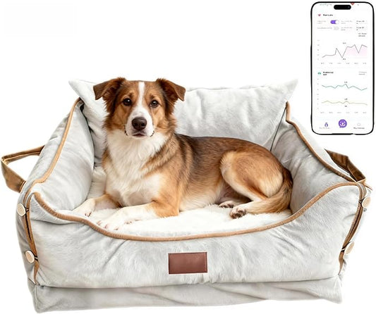 Smart Pet Bed with Health Monitoring System, Gray Orthopedic Dog Sofa, Digital Display, Heart Rate Detection, Sleep Tracking, Cloud Connected (Gray, Medium)