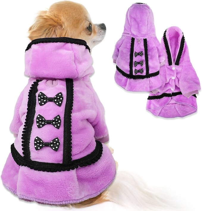 Winter Dog Dress for Small Dogs Girl Puppy Sweater Dog Sweaters Fleece Warm Puppy Dresses with Leash Hole Cute Pink Clothes Bowtie Chihuahua Sweaters Pet Doggie Oufit (Purple, Medium)