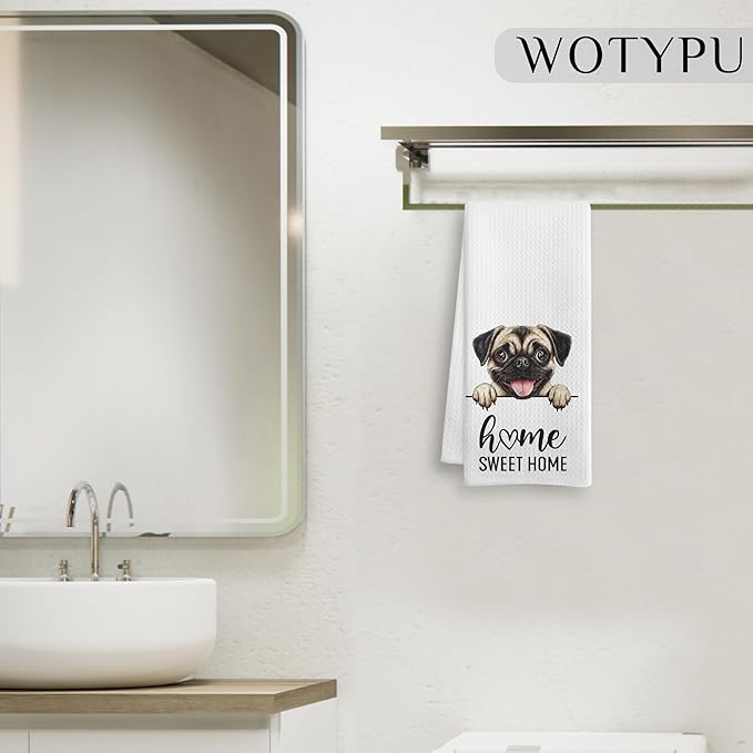 Pug Gifts Kitchen Towels, Gifts for Pug Lovers Dish Tea Towels, Dog Lover Mom Dad Gifts Decorative Hand Towel for Bathroom, Home Sweet Home Decor, 16x24 Inch