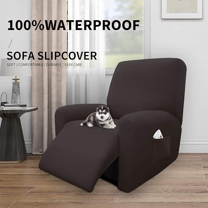 Easy-Going 4 Pieces 100% Dual Waterproof Recliner Cover Stretch Soft Couch Cover for Dogs, Sofa Slipcover for Recliner Couch Leakproof Furniture Protector for Kids, Pets Chocolate