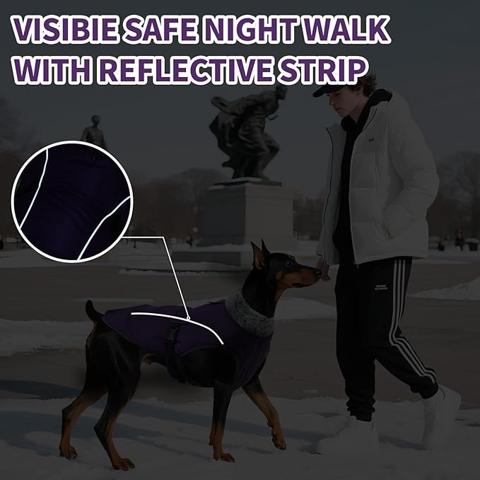 DENTRUN Winter Warm Dog Coat Reflective Jacket with Turtleneck for Cold Weather, Adjustable Buckle Windproof Water Repellent, Thick Snowsuit Fleece Vest for Small, Medium, Large Dogs, Purple, XXXL