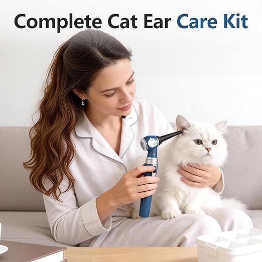 Veterinary LED Otoscope for Pets Cat-Design - Ear Infection Detector with Light, 6 Disposable Tips for Dogs & Cats, Portable Home Ear Checker (Blue)