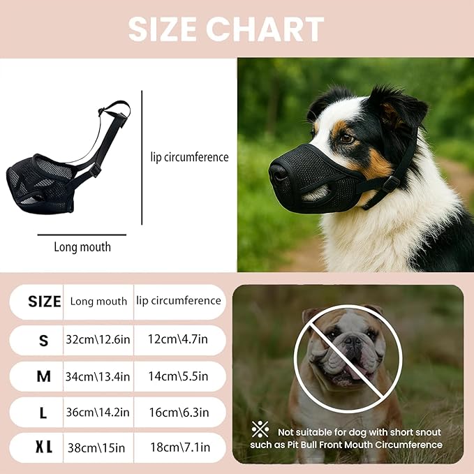 Dog Muzzle – Mesh Soft Muzzle for Small Medium Large Sized Dogs, Adjustable for No Bark, Scavenging, Licking & Chewing, Prevent Biting, Black (XL)
