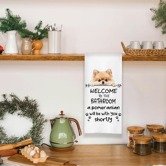 Funny Pomeranian Dog Bathroom Hand Towels, Pomeranian Gifts for Women, Welcome to The Bathroom Decorative Hand Towels for Bath Room Toilet Washroom Restroom, 16x24 Inch
