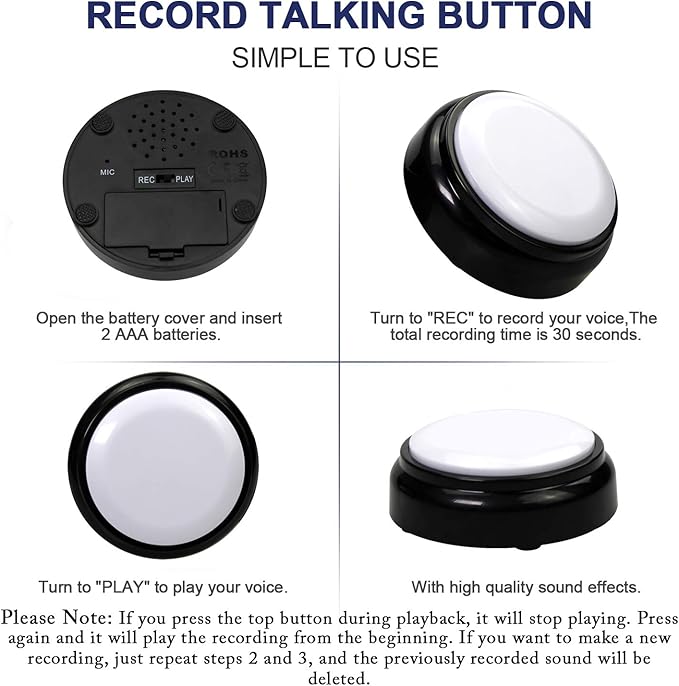 Cover 30 Seconds Recordable Talking Button Record Button Toy Gift Answer Buzzers (White+Black)