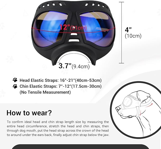 PETLESO Large Dog Goggles Pet Eyes Protection for Medium to Large Breed, Windproof Snowproof UVproof Dog Sunglasses for Outdoor Hiking/Cycling/Driving, Soft Frame Adjustable Straps, Clear Blue Lens