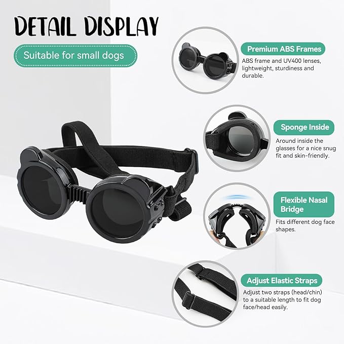 Enjoying Cat Goggles, Cat Sunglasses UV Protection, Pet Goggles for Cats XS to Small Dogs, Outdoor Kitty Puppy Eye Protection, Adjustable Straps, Black