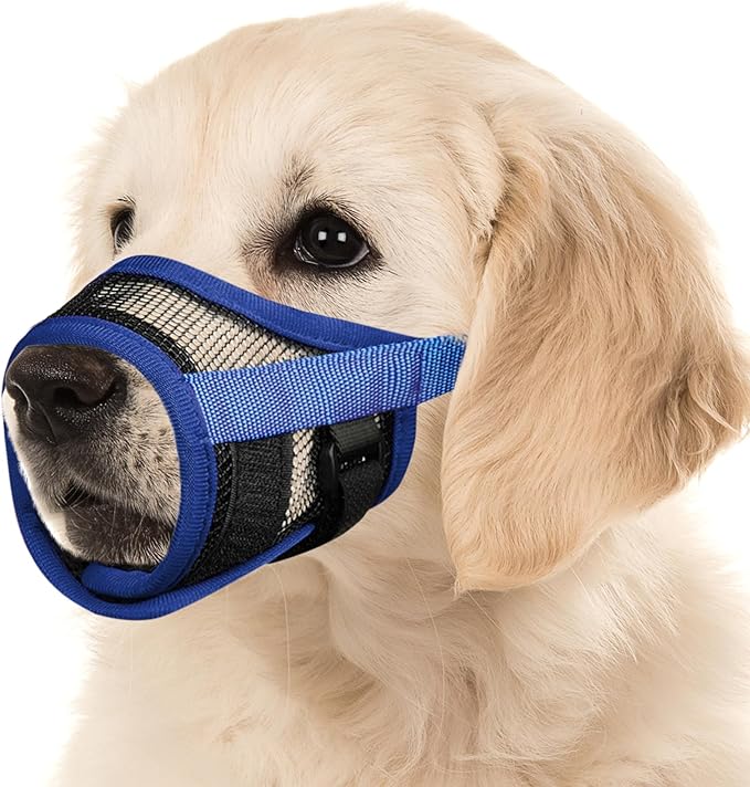 Mayerzon Dog Muzzle, Breathable Mesh Puppy Muzzles with Adjustable Hook and Loop for Small Medium Large Dogs Poodle Border Collie Labrador Retriever for Biting Chewing Trimming (S, Royal Blue)