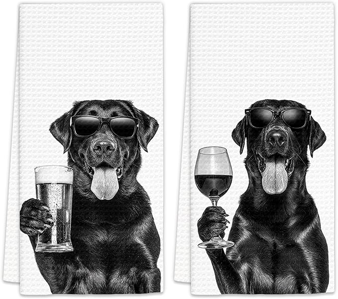 Gifts for Black Lab Dog Wine Lovers Kitchen Towels Set of 2, Black Labrador Retriever Gifts Wine Beer Decorative Hand Dish Towel for Kitchen Home Bar, Funny Dog Home Bar Decor(16x24 Inch)
