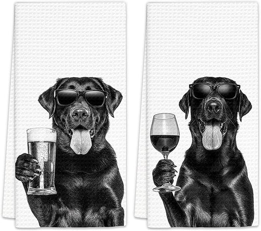 Gifts for Black Lab Dog Wine Lovers Kitchen Towels Set of 2, Black Labrador Retriever Gifts Wine Beer Decorative Hand Dish Towel for Kitchen Home Bar, Funny Dog Home Bar Decor(16x24 Inch)