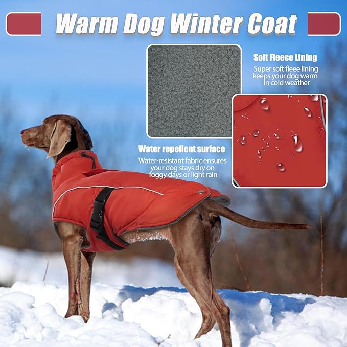 DENTRUN Winter Warm Dog Coat Reflective Jacket with Turtleneck for Cold Weather, Adjustable Buckle Windproof Water Repellent, Thick Snowsuit Fleece Vest for Small, Medium, Large Dogs, Red, XL