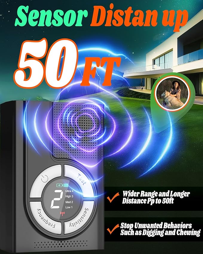 1500mAh Rechargeable Dog Bark Deterrent Devices Indoor & Outdoor, Anti Barking Device for Dogs up to 50ft Range, 9 Modes Ultrasonic Dog Bark Deterrent for Humane Dog Barking Control
