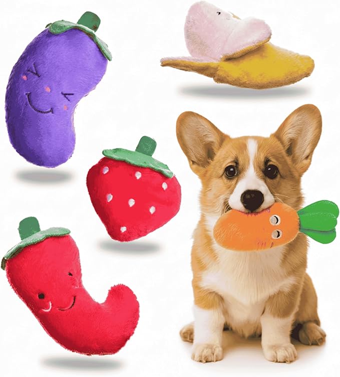 Pets&Goods Plush Squeaky Dog Toys – 5-Pack Fruit & Veggie Set for Puppies & Small Dogs – Soft, Crinkle, Durable Toys for Indoor Play, Teething Puppies & Dog Gifts