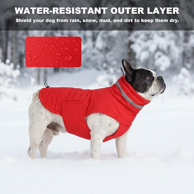 Mklhgty Waterproof Dog Coat for Medium Dogs, Warm Dog Winter Jacket, Reflective Windproof Turtleneck Dog Cold Weather Coats with Adjustable Hook & Loop - Red - M