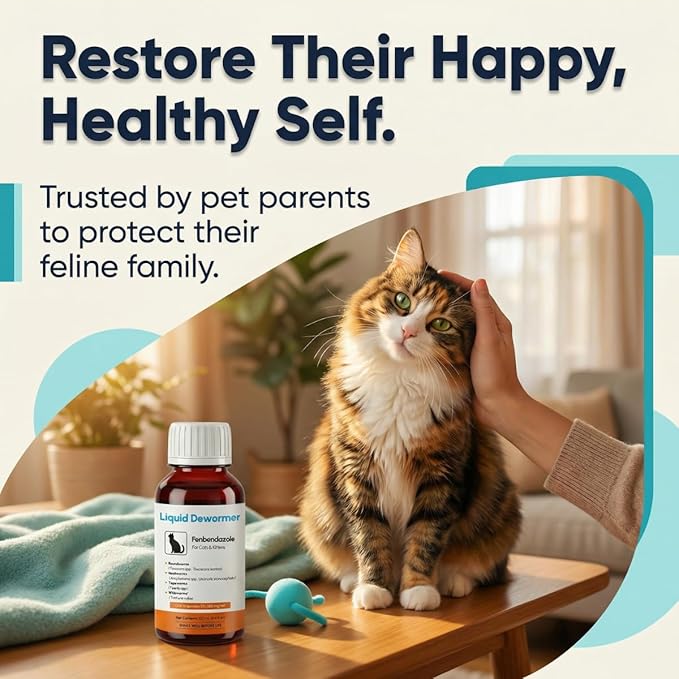 Dewormer for Cats & Kittens Liquid Fenbendazole - Broad Spectrum Suspension - Removes Roundworm, Hookworm, Tapeworm - Easy to Mix with Food, Includes 3ml Dosing Syringe (100ml)