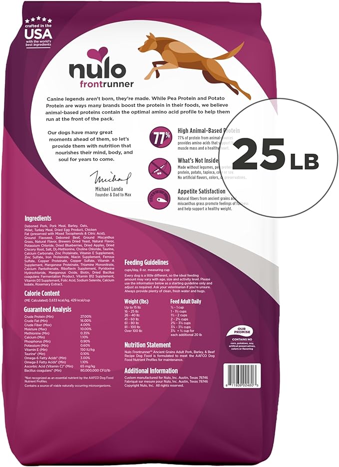 Nulo Frontrunner Dry Dog Food - Adult High-Protein Pork, Barley & Beef Recipe, Natural Kibble with Ancient Grains, Probiotics, Taurine, Omega 3 for Small, Medium and Large Breeds, 25lb Bag