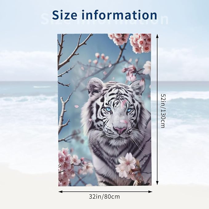 White Tiger Beach Towel,32x52in Microfiber Quick Dry Cherry Blossom Floral Wildlife Bath Towels,Soft Lightweight Oversized Sand Free,for Travel Pool Swimming Gym Decor,Gifts