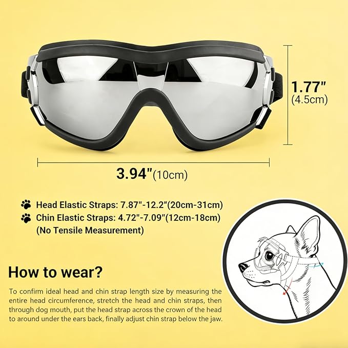 PETLESO Dog Goggles for Small Breeds, UV Protection Dog Sunglasses with Adjustable Straps, Windproof Pet Eyewear for Small Pet, Soft Frame, S