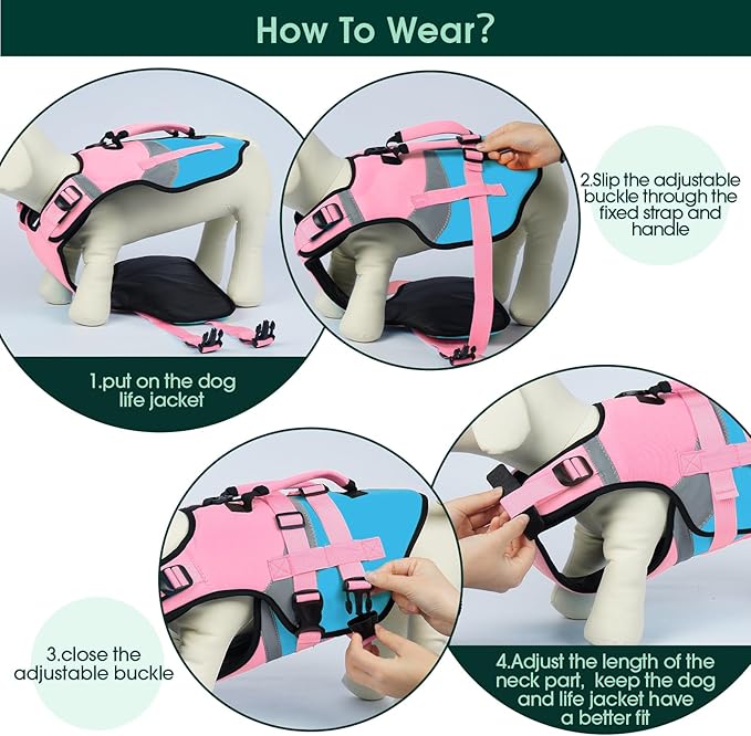 Kuoser Dog Life Jacket with Rescue Handle, High Flotation Dogs Swim Vest with Reflective Strips,Adjustable Dog Life Vest for Swimming, Boating, Pool&Beach, Doggy Lifejacket for Small Medium Large Dogs