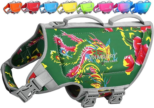 VIVAGLORY High Buoyancy Dog Life Vest, Swimming Vest with Handle, Dog Life Jacket for Swimming & Boating, Buoyancy for Puppy Doggy, XL, Northeast Florals-Green