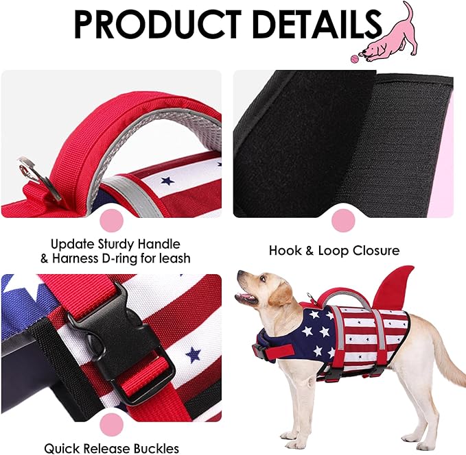 AOFITEE Dog Life Jacket, Dog Life Vest for Swimming, Shark Dogs Swimming Vest with Rescue Handle and Reflective Stripe, Ripstop Pet Float Coat Swimsuit Lifesaver Small Medium Large Dogs Blue M