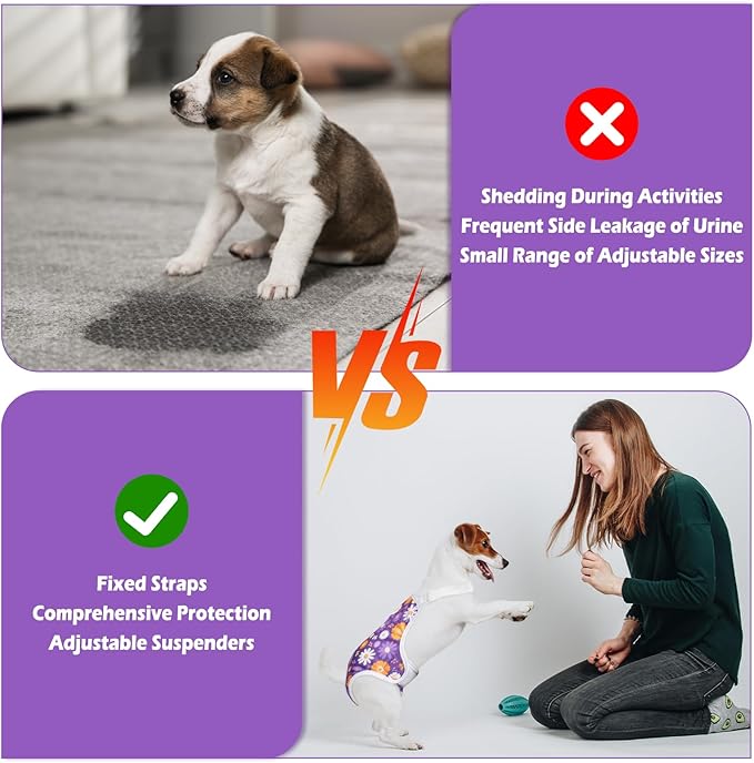 3 Pack Washable Female Dog Diaper Onesie Sanitary Pantie with Adjustable Suspender, Reusable Fixed Doggie Diapers, Super Absorbent Leakproof for Small Medium Large Dog in Heat Cycle M