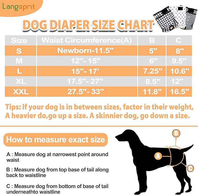 Langsprit Washable Female Dog Diapers (3 Pack) - No Leak Reusable Diapers for Doggy Female in Period - Highly Absorbent Dog Heat Panties with Adjustable Snaps