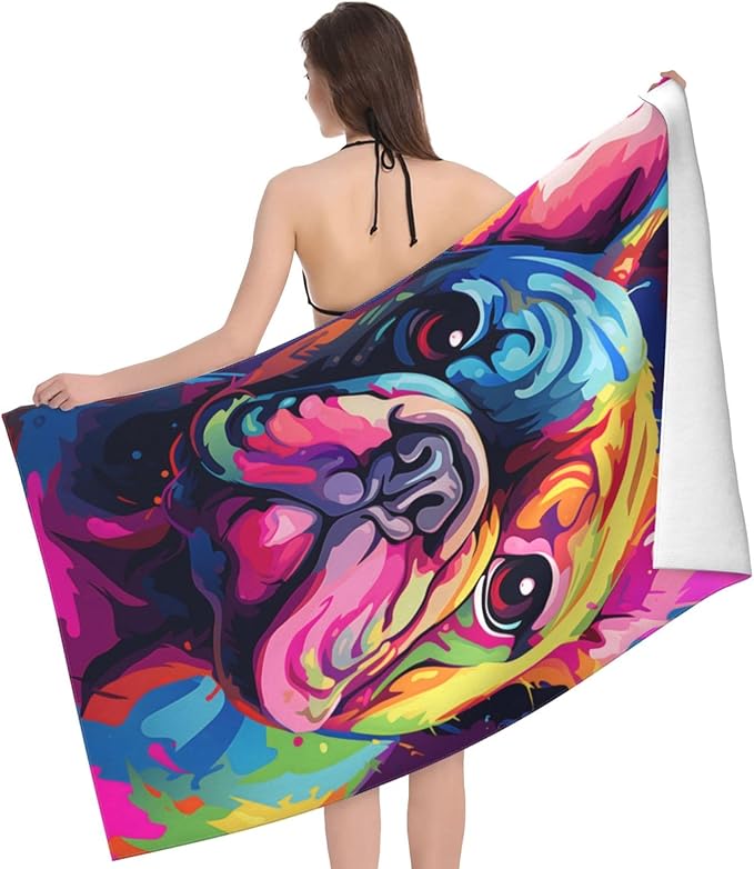 Colorful Pug Beach Towel Dog Sand-Free Microfiber Bath Towel Ultra Soft Quick Dry Pool Towel Absorbent Towel Lightweight Towel for Outdoor Bathroom Swimming Decor 31inx51in
