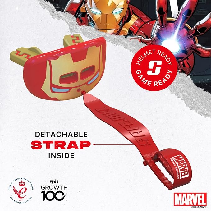 Marvel Iron Man Lip Guard, Football Mouth Guard with Detachable Strap, Lip Protector Adults and Junior, American Football, Lacrosse (One Size, Red Metallic)