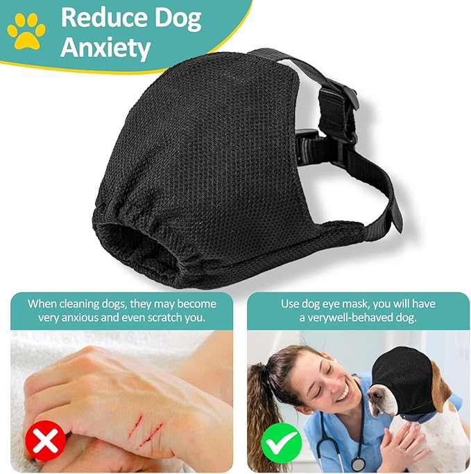 OHCOZZY Dog Calming Cap, Soft Dog Eye Mask Adjustable Mouth Pet Mask Muzzle for Grooming Anti Car Sickness(L,Black)