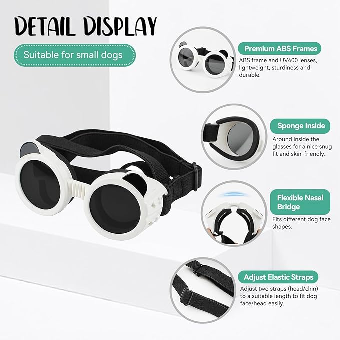 Enjoying Cat Goggles, Cat Sunglasses UV Protection, Pet Goggles for Cats XS to Small Dogs, Outdoor Kitty Puppy Eye Protection, Adjustable Straps, White