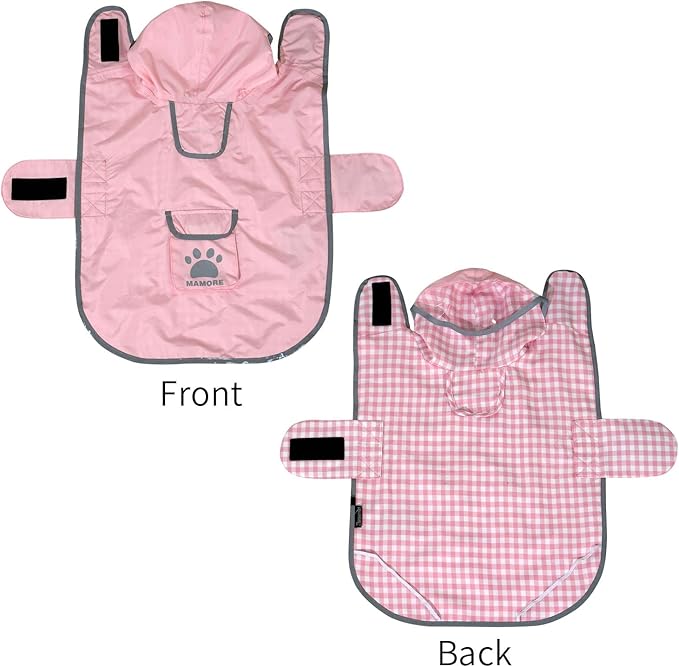 MAMORE Dog Raincoat Reversible,Waterproof Dog Rain Coat Hooded Slicker Poncho with Reflective Strip, Plaid Double Layer Rain Jacket for Small Medium Large Dogs (Pink, X-Large(37-55lb))