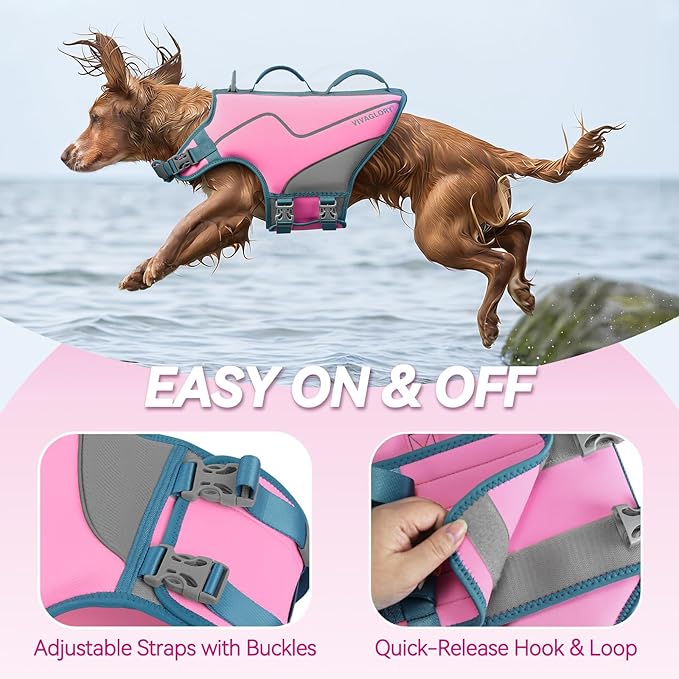 VIVAGLORY Neoprene Dog Life Vest, Dog Life Jacket for Swimming & Boating, Lightweight & Buoyancy for Puppy Doggy, Swimming Vest with Handle, XL, Pink Grey