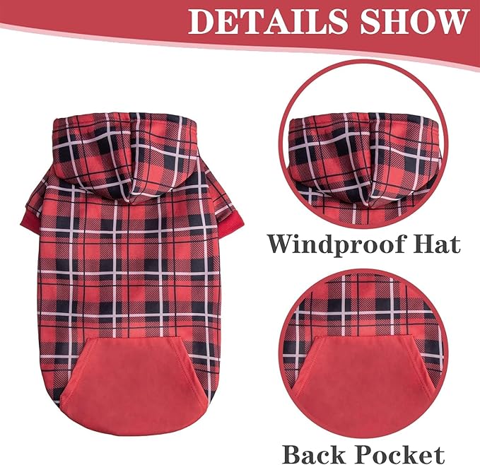 EXPAWLORER Plaid Dog Hoodie - British Style Warm Dog Sweater Shirt with Leash Hole,Pitbull Clothes Outfits,Winter Coat Apparel for All Breeds Puppy Girl Boy-Cat Apparel,Red Medium