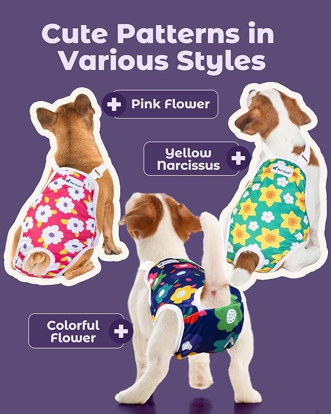 Pet Soft Dog Diapers Female Onesie Sanitary Pantie with Adjustable Suspender, Colorful Pattern Washable Puppy Diapers Female, Super Absorbent Underwear Dog Diaper for Heat (Floral, M)