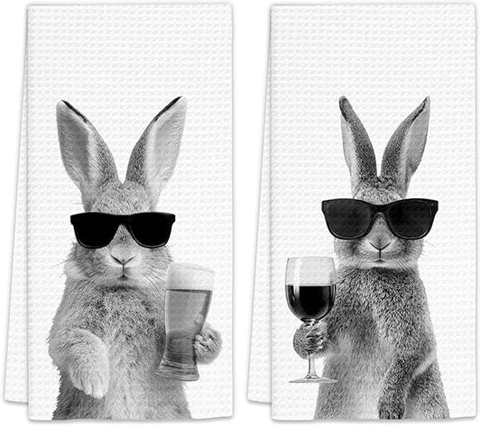 Bunny Gifts Wine Kitchen Towels Set of 2, Gifts for Bunny Rabbit Wine Lovers Decorative Hand Dish Towel for Kitchen Home Bar, Funny Rabbit Beer Lover Home Bar Cart Decor(16x24 Inch)