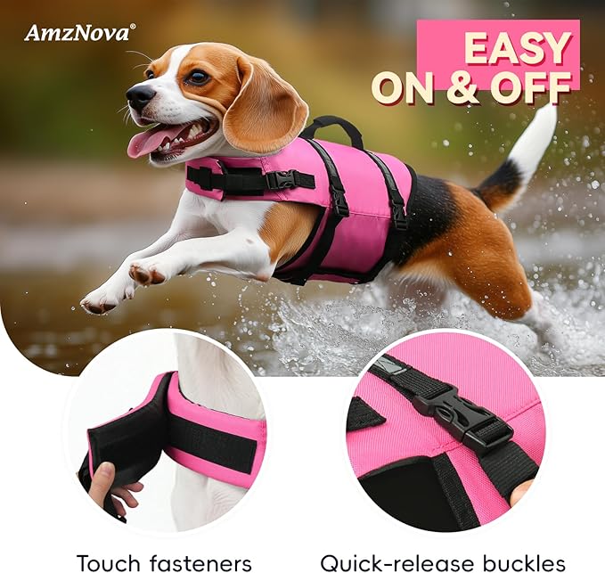 AMZNOVA Rip Stop Dog Life Jacket, Dog Life Vest for Swimming & Boating, Lightweight & Buoyancy for Doggy Puppy, Lifejacket with Handle, L, Pink